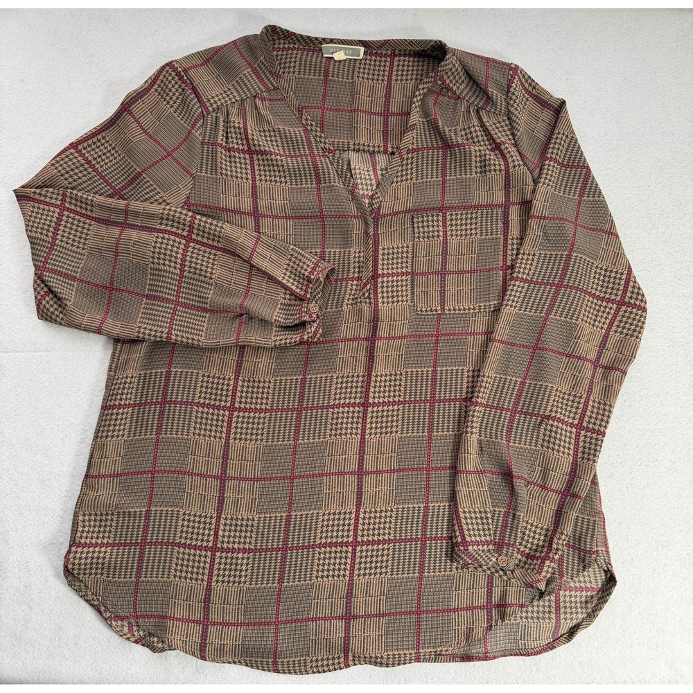 Pleione Womens Brown Red Navy Glen Plaid Split V-Neck Blouse Size M Tunic